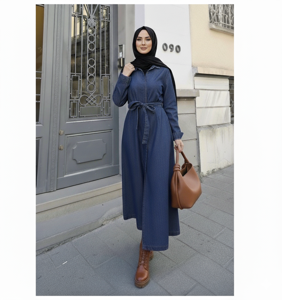 Long A-line denim belted shirt dress