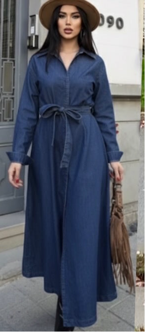 Long A-line denim belted shirt dress