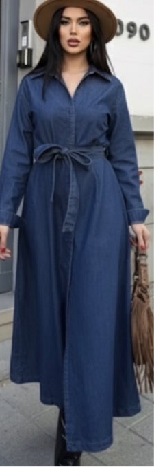 Long A-line denim belted shirt dress