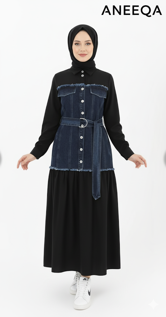 Denim shirt belted long dress