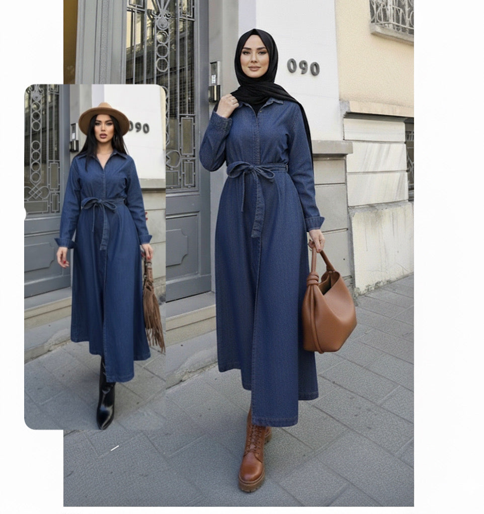 Long A-line denim belted shirt dress