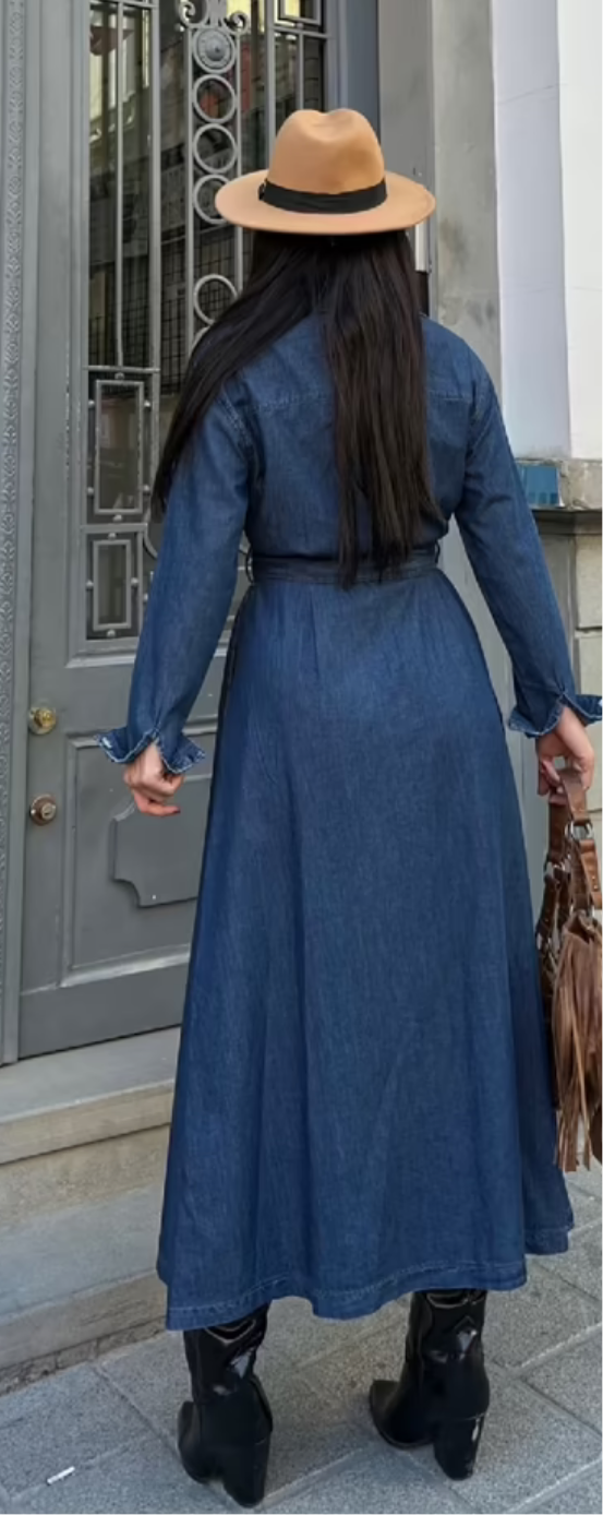 Long A-line denim belted shirt dress
